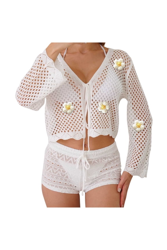Women's Vacation Cardigan Casual Crochet Open Front Tie Long Sleeve Crop Tops Beach Cover Up