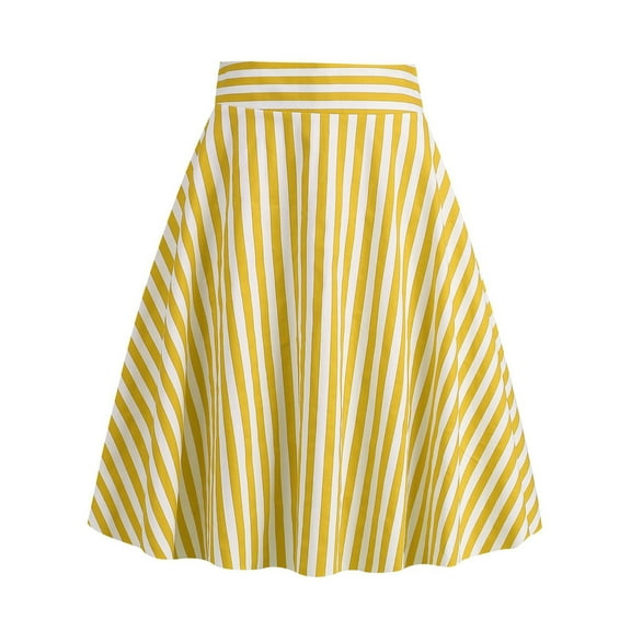 ShomPort Women's Vintage A-Line Striped Print Pleated Flared Midi Skirt High Waist Trendy Short Skirt