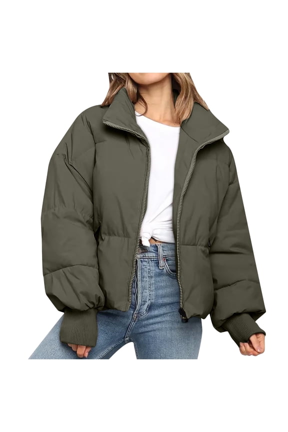 Women's Winter Stand Collar Zip up Puffer Jacket Baggy Short Padded down Warm Coat