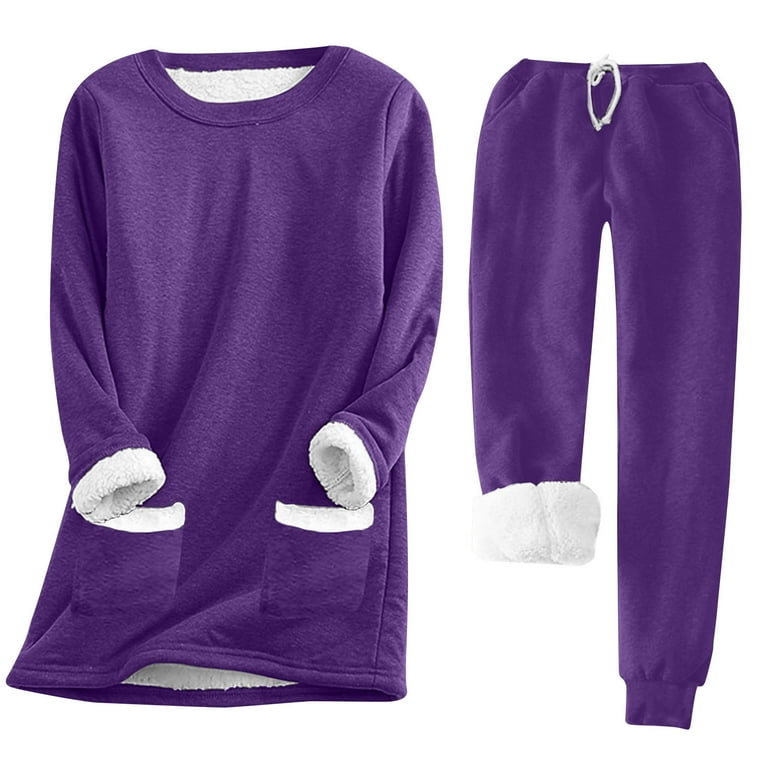 ShomPort Women s Winter Fleece Lined Sets Two Piece Lounge Outfits Long Sleeve Sweatshirt and Fuzzy Pants Warm Pajama Set