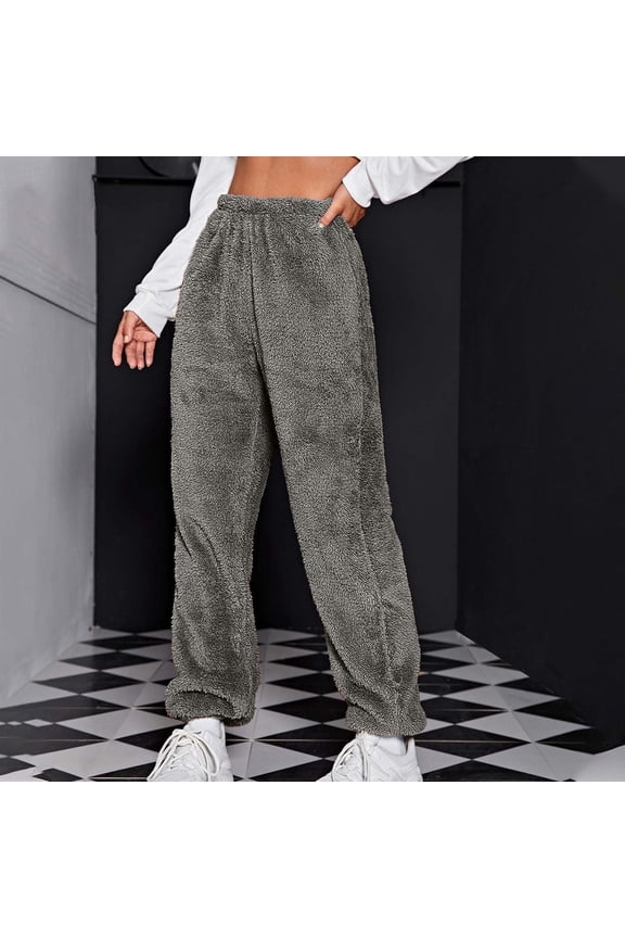 Women's Winter High Waist Fuzzy Fleece Lounge Pants Elastic Waistband Warm Trouser for Sleepwear Casual