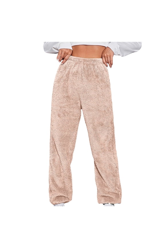 Women's Winter High Waist Fuzzy Fleece Lounge Pants Elastic Waistband Warm Trouser for Sleepwear Casual