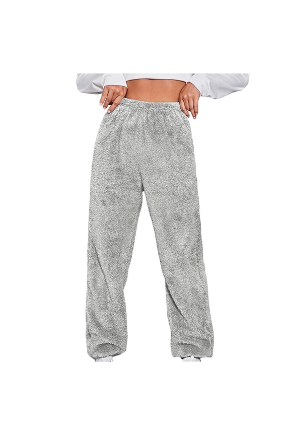 Women's Winter High Waist Fuzzy Fleece Lounge Pants Elastic Waistband Warm Trouser for Sleepwear Casual