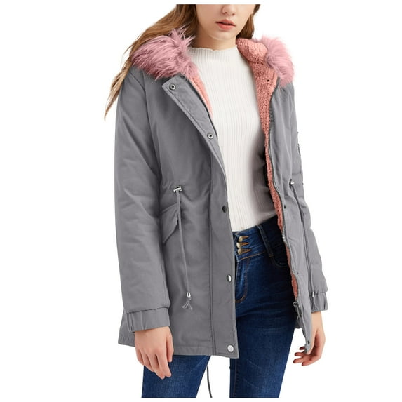 ShomPort Women's Winter Hooded Mid Length Jackets Casual Plush Coats Fleece Warm Outerwear