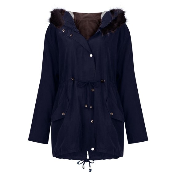 ShomPort Women's Winter Thicken Cotton Coat Long Sleeve Warm Jacket with Removable Plush Hood (Dark Blue 34)
