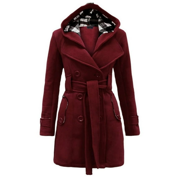 ShomPort Women's Winter Trench Coat Double-Breasted Classic Lapel Overcoat Belted Slim Outerwear Coat with Hood