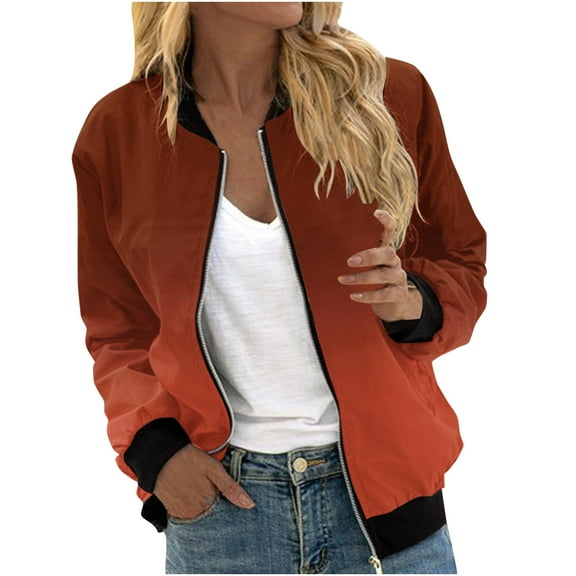 ShomPort Women's Zipper Up Jacket Fall Casual Long Sleeve Round Neck Fashion Coat Outwear