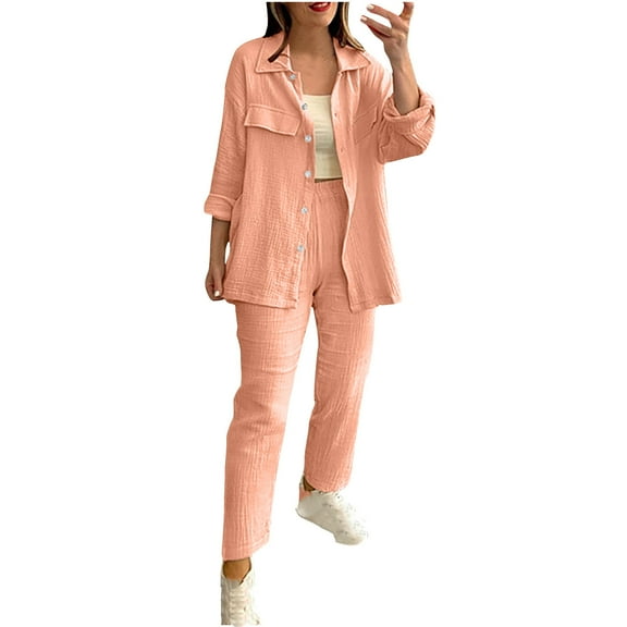 ShomPort Womens 2 Piece Lounge Set Button up Long Sleeve Shirts with Long Pants Fall Casual Matching Sets