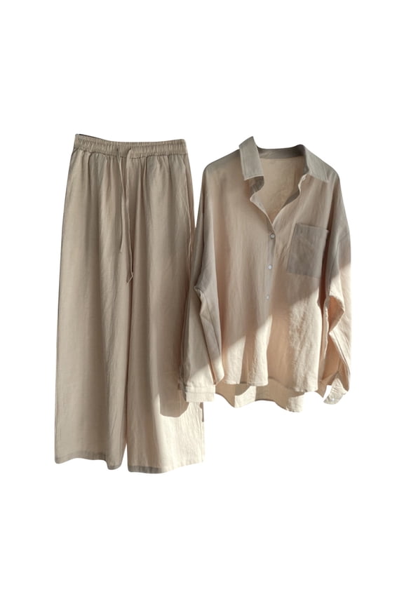 Womens 2 Piece Sets Buttons down Blouses Wide Leg Palazzo Pants Sets Cotton Linen Loose Casual Sets (Beige)