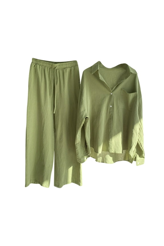Womens 2 Piece Sets Buttons down Blouses Wide Leg Palazzo Pants Sets Cotton Linen Loose Casual Sets (Green 35)
