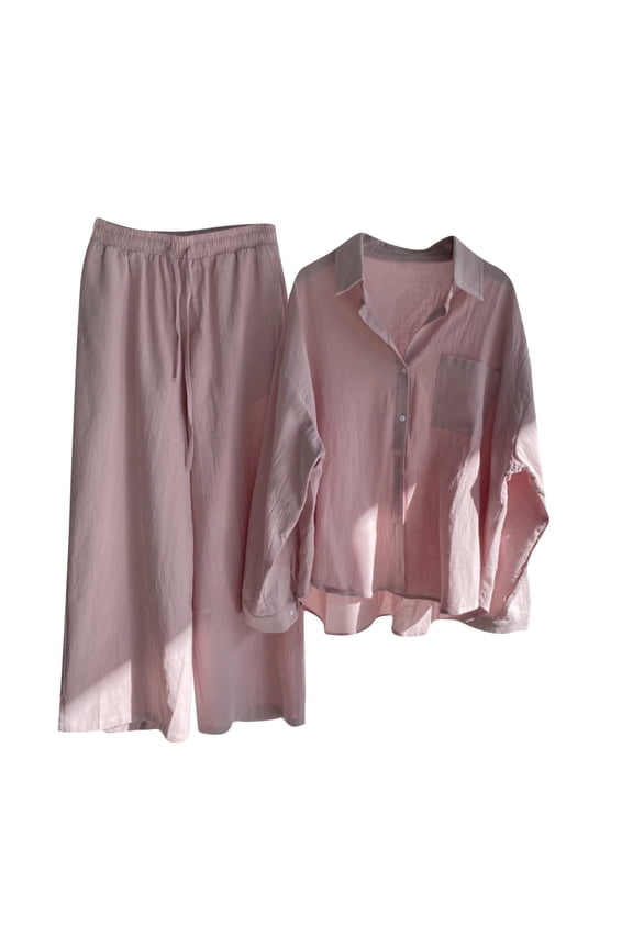 Womens 2 Piece Sets Buttons down Blouses Wide Leg Palazzo Pants Sets Cotton Linen Loose Casual Sets (Pink)