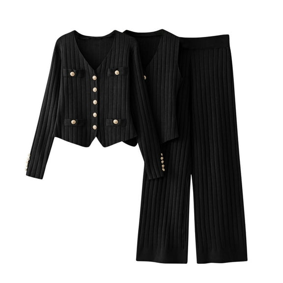 ShomPort Womens 2 Pieces Outfits Long Sleeve Button Up Cardigans Wide Leg Pants Elegant Ribbed Cotton Business Set