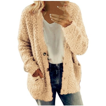 ShomPort Womens 2023 Cardigan Fleece Coat Fall Long Sleeve Open Front Button down Casual Loose Outerwear with Pockets