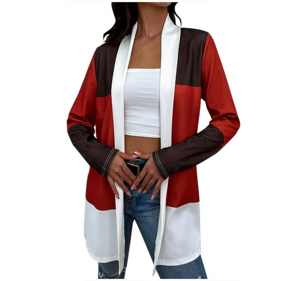 ShomPort Womens Fashion Open Front Cardigans Casual Long Sleeve Color Blocked Trendy Lightweight Coat