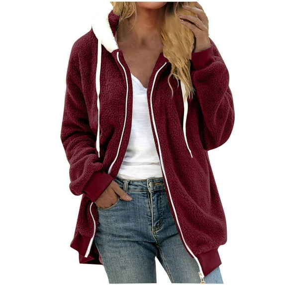 ShomPort Womens Winter Coat Long Sleeve Solid Color Fuzzy Fleece Hooded Jacket Outerwear with Pocket
