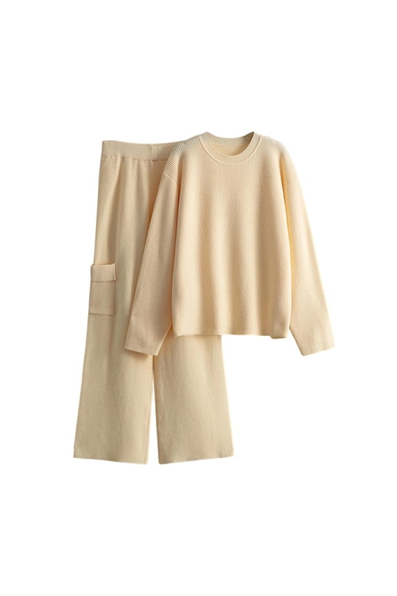 Womens 2PC Matching Set Long Sleeve Round Collar Pullover Sweater Full Length Loose Pants Soft Fall Winter Knit Suit