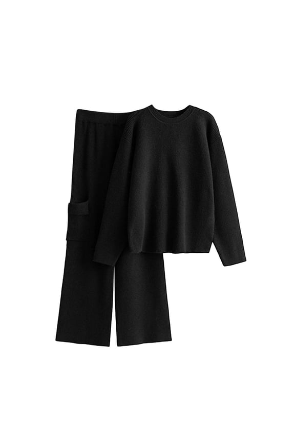 Womens 2PC Matching Set Long Sleeve Round Collar Pullover Sweater Full Length Loose Pants Soft Fall Winter Knit Suit