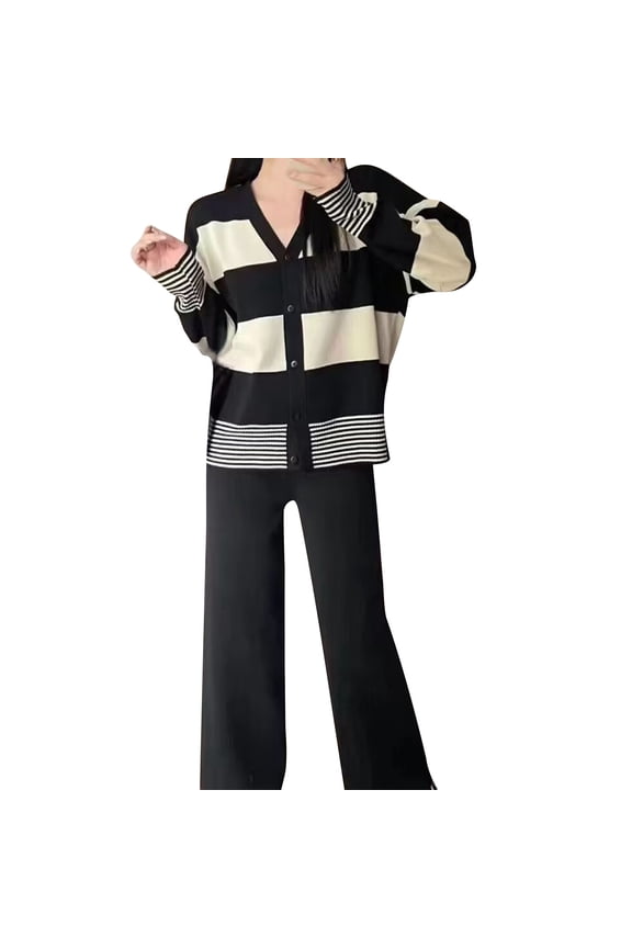 Womens 2PC Matching Set Long Sleeve V-Neck Button Color Block Cardigans Wide Leg Soft Pants Soft Breathable Cozy Outfits