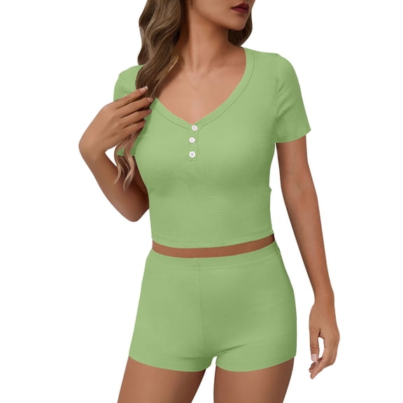 ShomPort Womens 2PC Matching Set Short Sleeve V-Neck Button T-Shirts High Waist Slim Shorts Smoothing Going Out Breathable Outfits