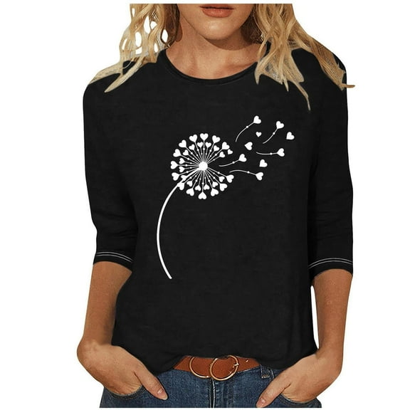 ShomPort Womens 3/4 Sleeve Tops Round Neck Casual Tunic Tops Printed Basic Tees Blouses for Summer