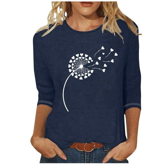 ShomPort Womens 3/4 Sleeve Tops Round Neck Casual Tunic Tops Printed Basic Tees Blouses for Summer