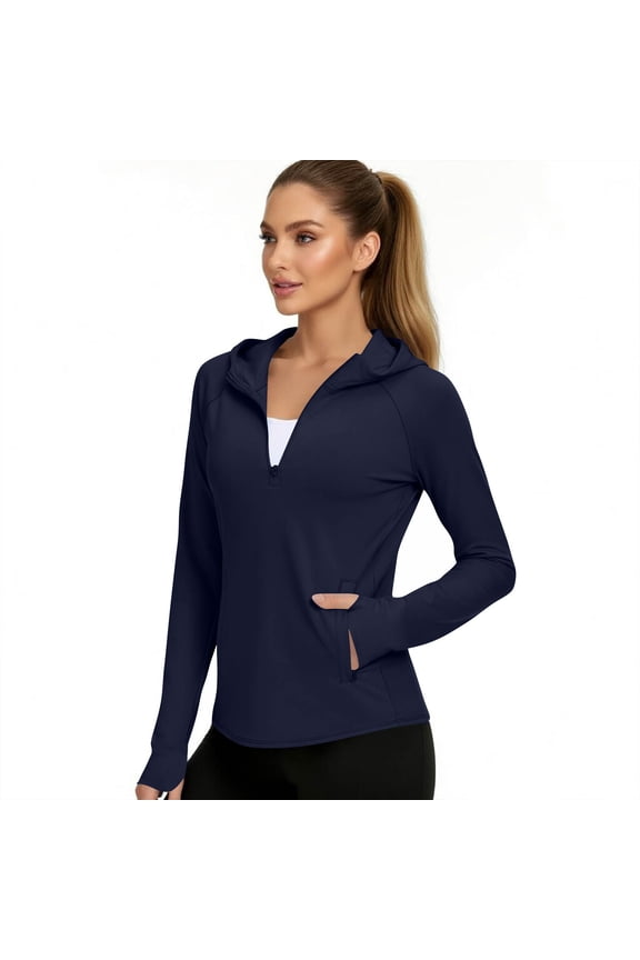 Womens Athletic Hoodie Shirts Quarter Zip Pullover Long Sleeve Wicking Workout Tops with Pockets and Thumb Hole