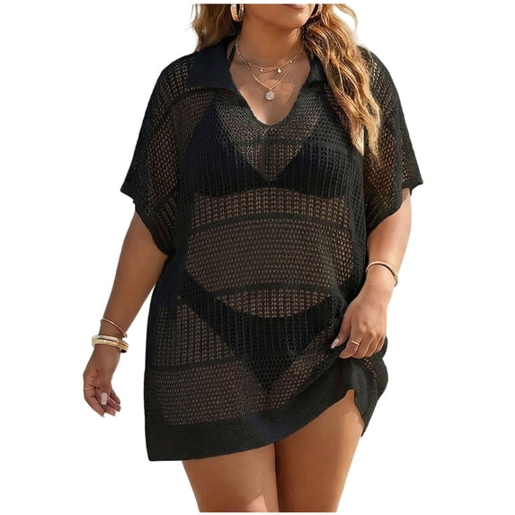 ShomPort Womens Bathing Suit Cover up Mini Dress Plus Size Lapel Collar Short Sleeve Swim Cover up Beach Dress