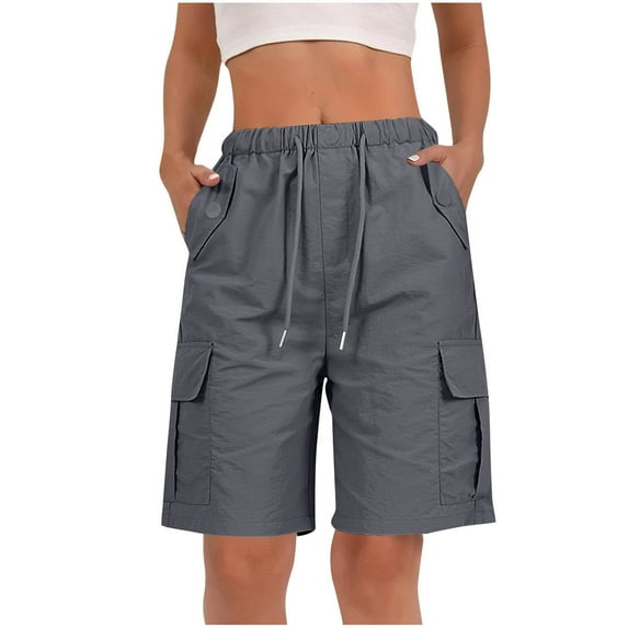 ShomPort Womens Bermuda Shorts Elastic Waist Shorts with Drawstring Loose Cargo Pocket Shorts Solid Color Casual Shorts