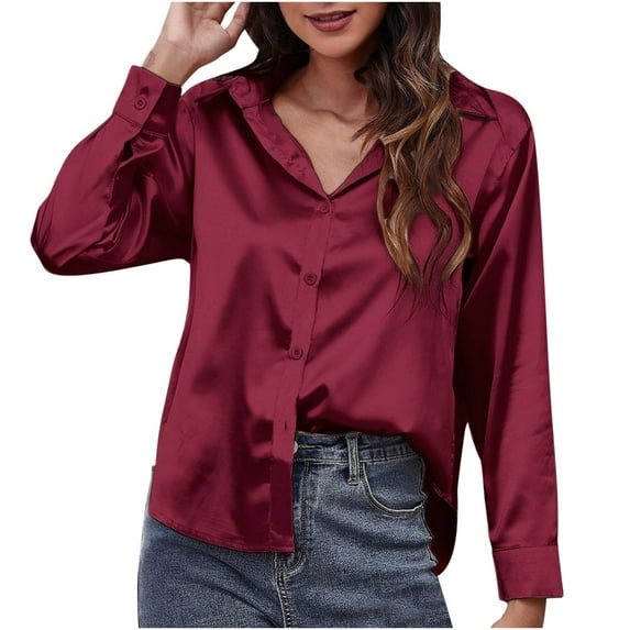 ShomPort Womens Blouses Casual Fall Long Sleeve Buttons Down Satin Tunic Tops Trendy Lounge Ladies Tops (Wine 21)