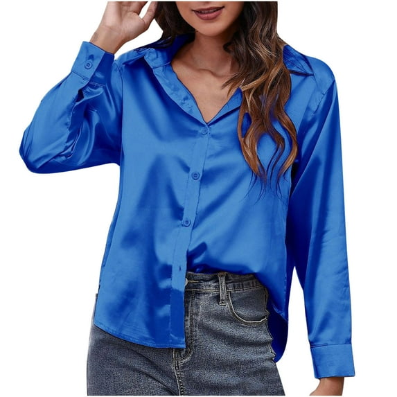 ShomPort Womens Blouses Casual Fall Long Sleeve Buttons Down Satin Tunic Tops Trendy Lounge Ladies Tops (Dark Blue 21)