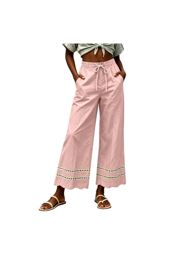 Womens Boho Palazzo Pants Eyelet Hem Wide Leg Drawstring Casual Trendy Ankle Length Palazzo Pants Travel