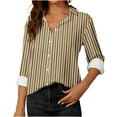 thumbnail image 1 of ShomPort Womens Button Down Shirts Striped Classic Long Sleeve Collared Office Work Blouses Tops (Khaki 11), 1 of 5