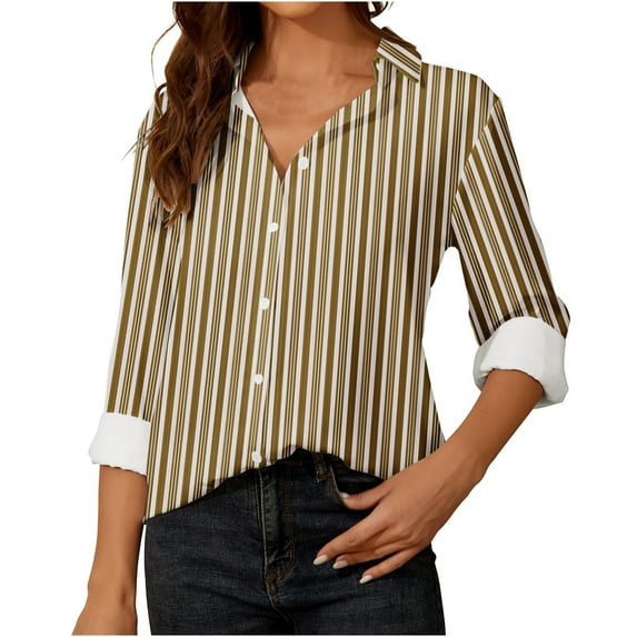 ShomPort Womens Button Down Shirts Striped Classic Long Sleeve Collared Office Work Blouses Tops (Khaki 11)
