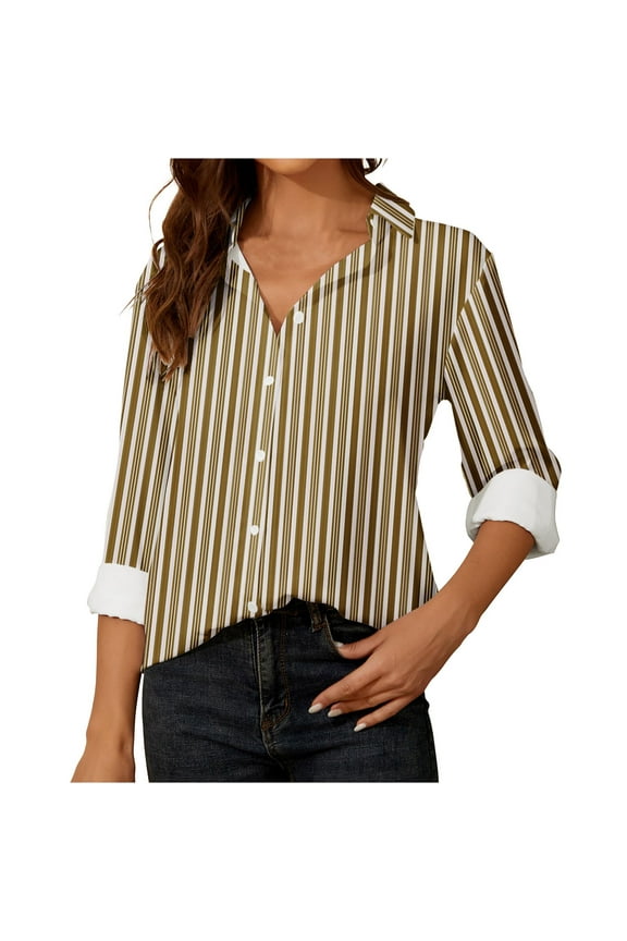 Womens Button Down Shirts Striped Classic Long Sleeve Collared Office Work Blouses Tops (Khaki 11)