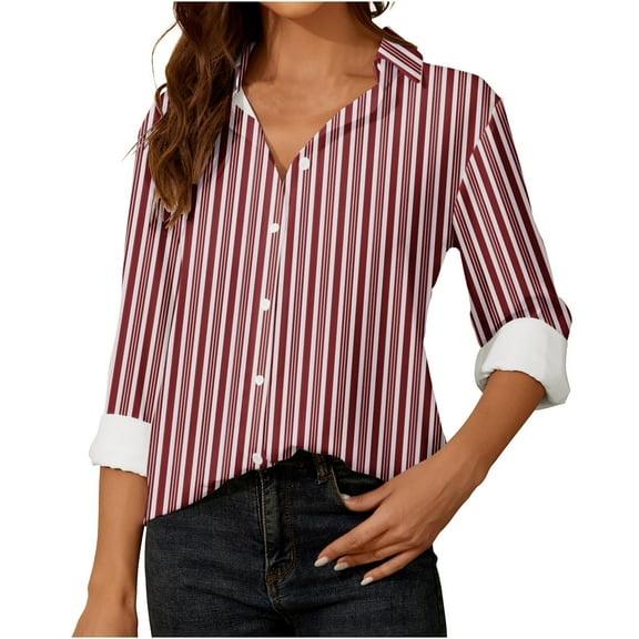 ShomPort Womens Button Down Shirts Striped Classic Long Sleeve Collared Office Work Blouses Tops (Wine 11)