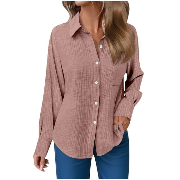 ShomPort Womens Button Up Tshirts Cotton Long Sleeve Pleated Pocket Shirts Solid Color Lapel Classic Casual Blouses