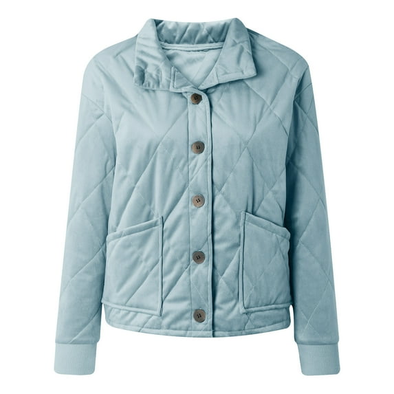 ShomPort Womens Button down Quilted Jackets Casual Fall Winter Long Sleeve Stand Collar Padded Coat Outerwear