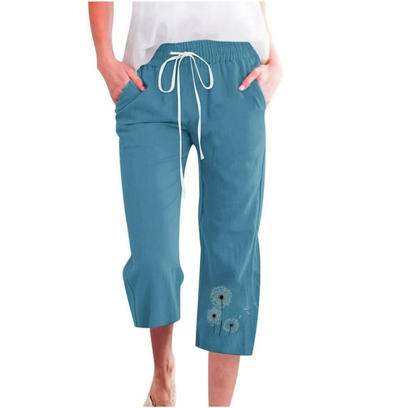 ShomPort Womens Capri Pants Cotton Linen Wide Leg Casual Pants Drawstring High Waist Summer Cropped Pants (Blue 16)