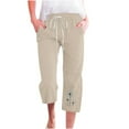 thumbnail image 1 of ShomPort Womens Capri Pants Cotton Linen Wide Leg Casual Pants Drawstring High Waist Summer Cropped Pants (Khaki 16), 1 of 3