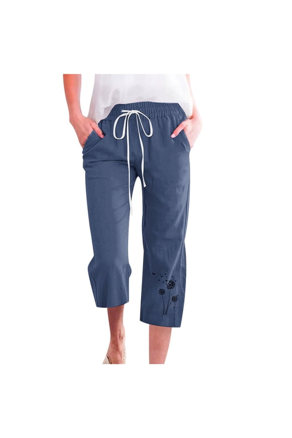 Womens Capri Pants Cotton Linen Wide Leg Casual Pants Drawstring High Waist Summer Cropped Pants (Navy 15)