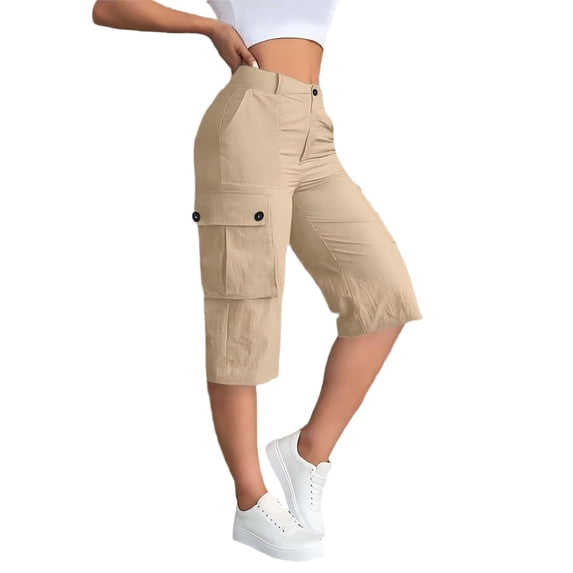 ShomPort Womens Capris Cargo Pants Summer Button Waist Flap Pockets Daily Work Hiking Pants