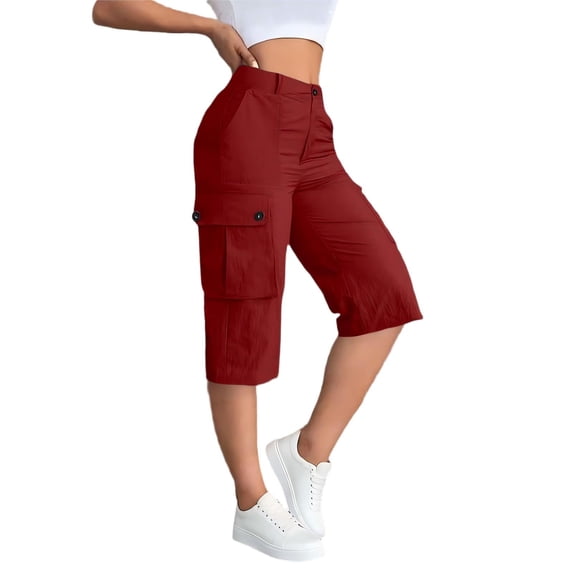 ShomPort Womens Capris Cargo Pants Summer Button Waist Flap Pockets Daily Work Hiking Pants