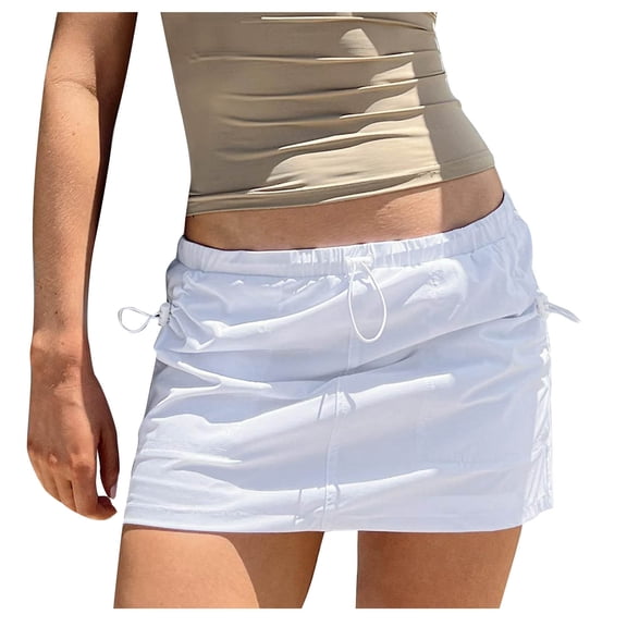 ShomPort Womens Cargo Skirts Low Rise Elastic Band Summer Mini Skirts Athletic Solid Color Pencil Skirts Trendy Clothing (Medium, White)