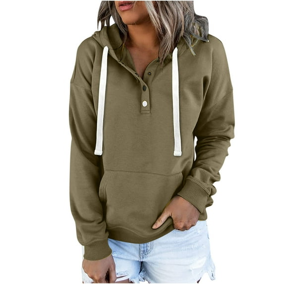 ShomPort Womens Casual Drawstring Hoodies Pullover Long Sleeve Button Collar Sweatshirts Fall Clothes