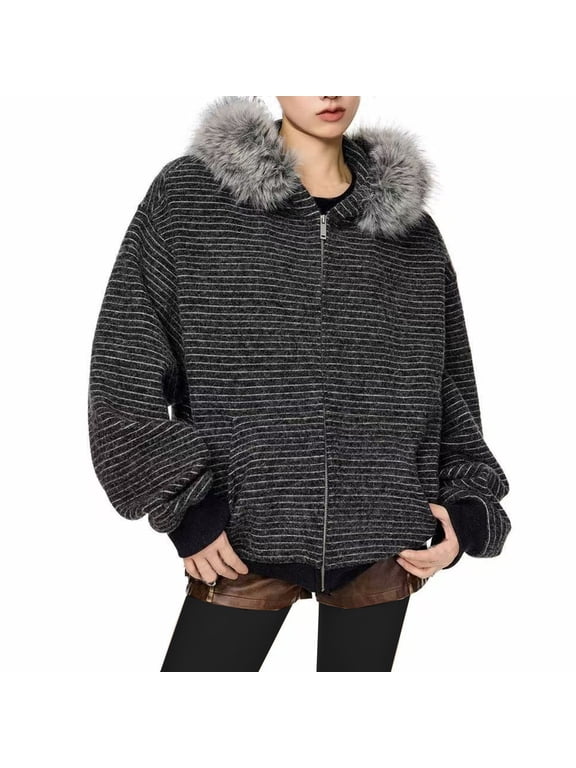 Womens Casual Jackets Fleece Stripe Pattern Long Sleeve Zipper Trendy Oversized Coats Fall Winter Thickened Cute Outwear