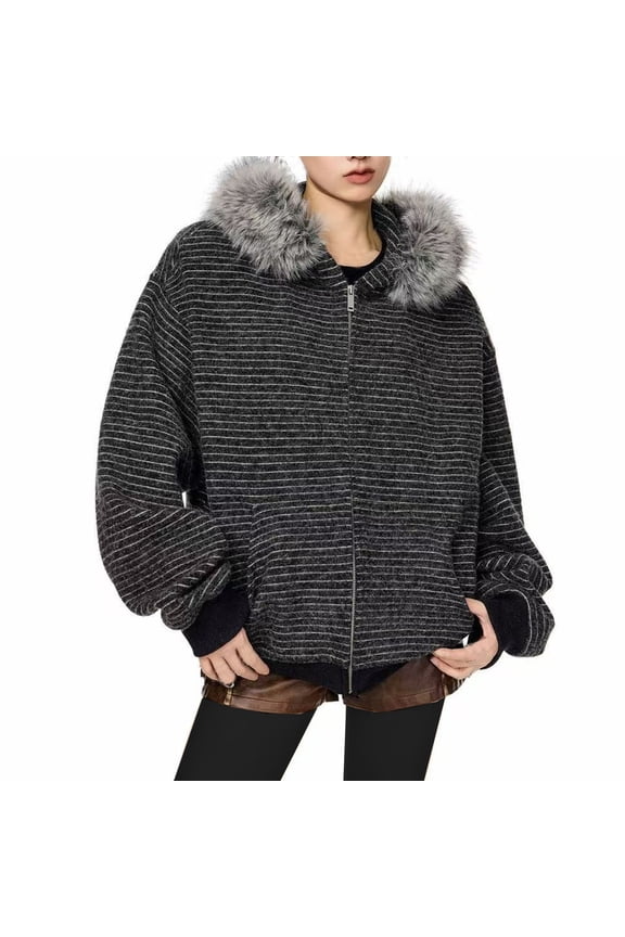 Womens Casual Jackets Fleece Stripe Pattern Long Sleeve Zipper Trendy Oversized Coats Fall Winter Thickened Cute Outwear