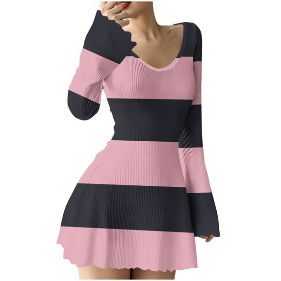 ShomPort Womens Casual Knit Dress Color Block Ribbed Stretchy Lightweight Long Sleeve Cute V-Neck Mini Dresses