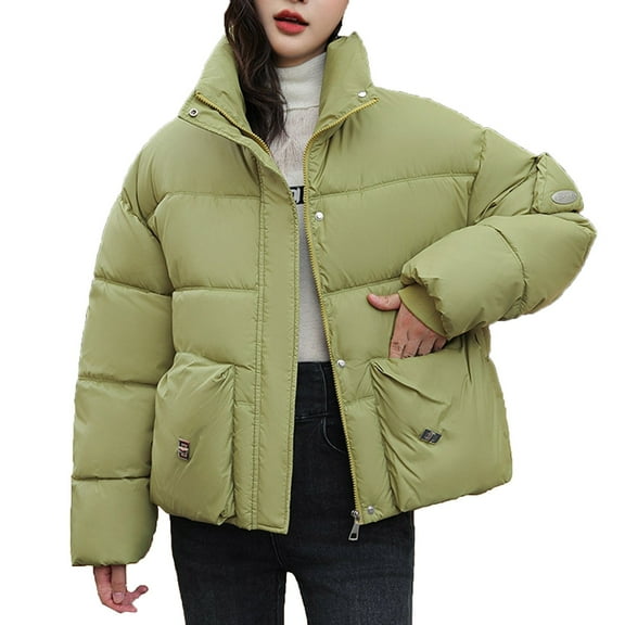 ShomPort Womens Casual Puffer Jacket Long Sleeve Full Zip Padded Winter Stand Collar Coat (Green)