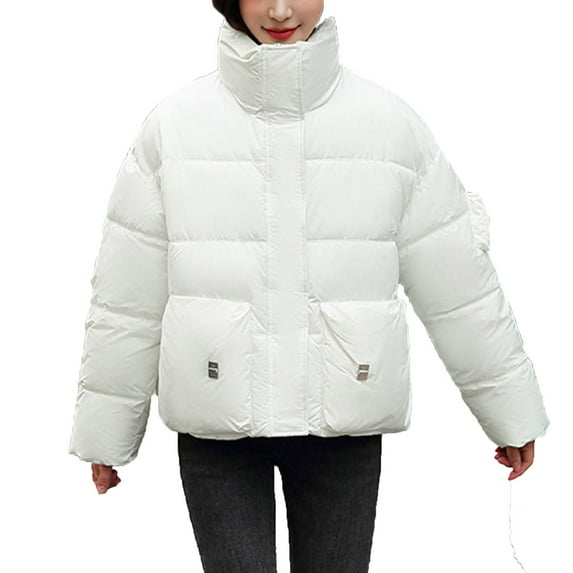 ShomPort Womens Casual Puffer Jacket Long Sleeve Full Zip Padded Winter Stand Collar Coat (White)