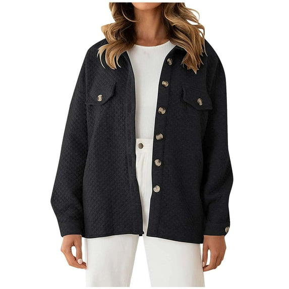 ShomPort Womens Casual Solid Color Button Jacket Shackets Fall Long Sleeve Lapel Shirt